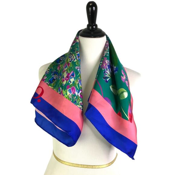 Max&Co. Scarf Womens 29"x31" Green Blue Floral Silk‎ Square Multifunction Shawl - Picture 3 of 11